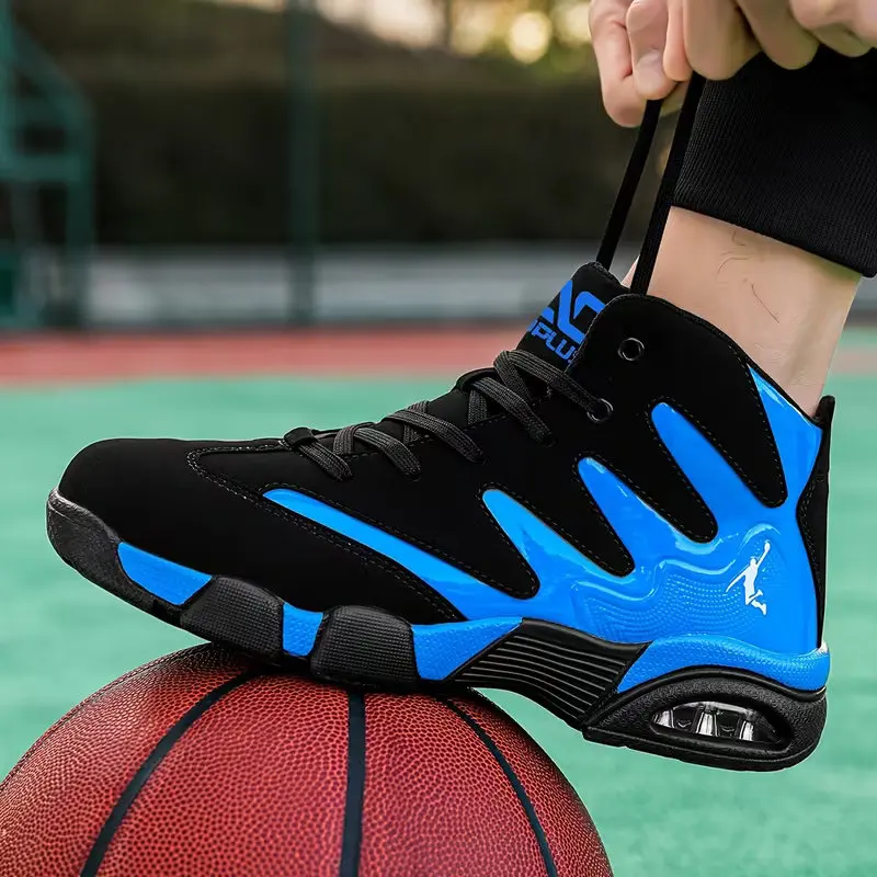 Men's Breathable Lightweight High-Top Basketball Shoes - Non-Slip Rubber Sole, Geometric Pattern Design, Suitable for Running, T