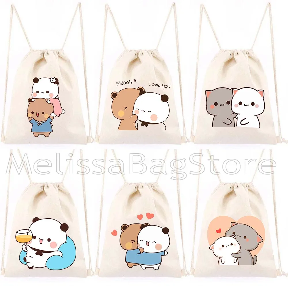 

Aesthetic Cute Couple Bears Kawaii Animal Cartoon Lovely Printed Canvas Drawstring Bags Soccer Backpack Gym Sackpack String Bag