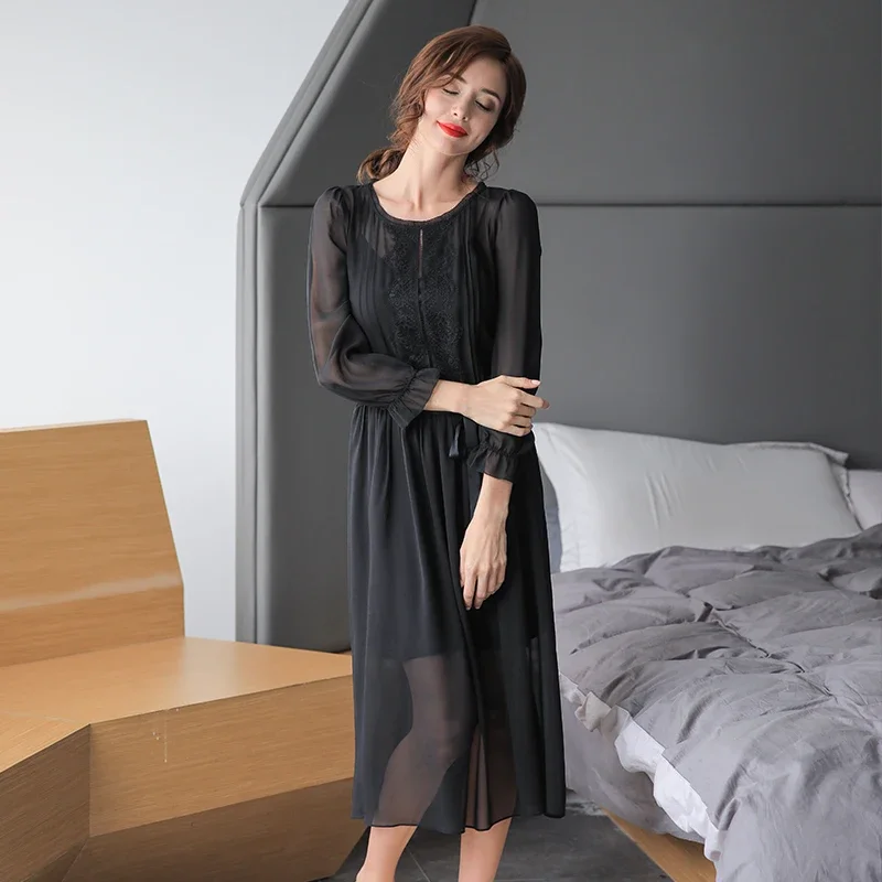 100% Mulberry Silk Loungewear Dress for Women Sexy Lace Long Nightgown Loose Fit Luxury Home Wear Summer Pajama Elegant Outfit