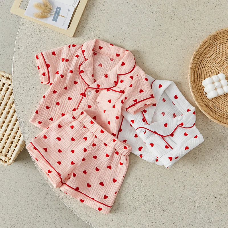 Suefunskry Toddler Baby Girl Pajama Set Lapel Neck Button Down Short Sleeve Tops + Elastic Waist Heart Print Shorts Sleepwear