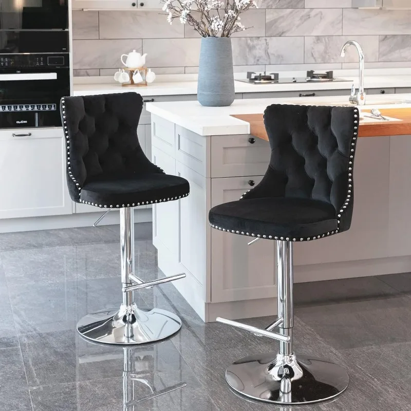 Swivel Bar Stools Set of 2, Adjustable Counter Height Barstools with Nailheads Trim, Button Tufted Back and Black Footrest