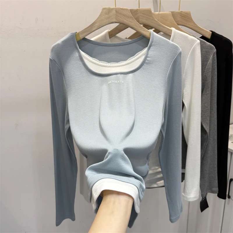 

Облегающая футболка с кружевной отделкой и боковой плиссировкой, женская корейская футболка для поездок на работу, весеннее новое поступление, длинный круглый топ