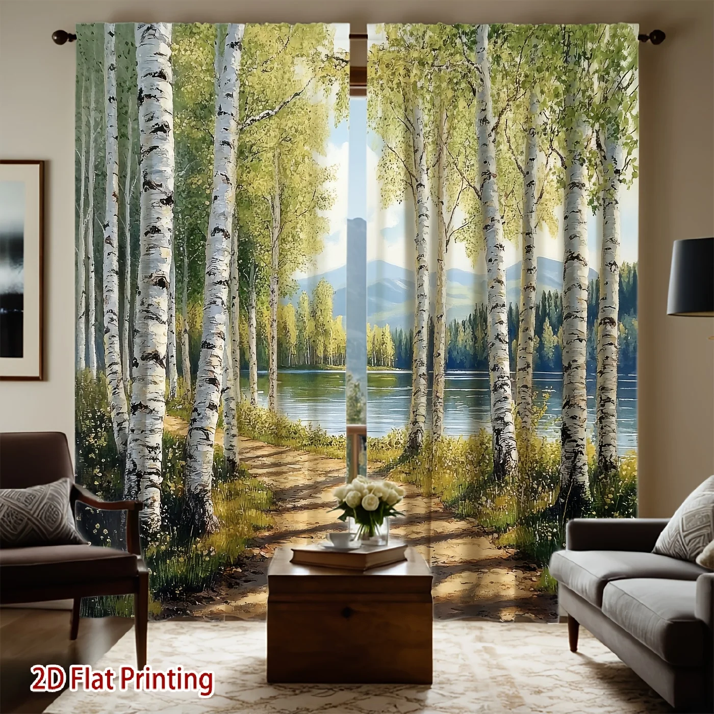 Birch Tree Forest Curtains, Lake Path Landscape Print Drapes, Nature Scenery Art, Living Room Bedroom Decor, Blackout Window