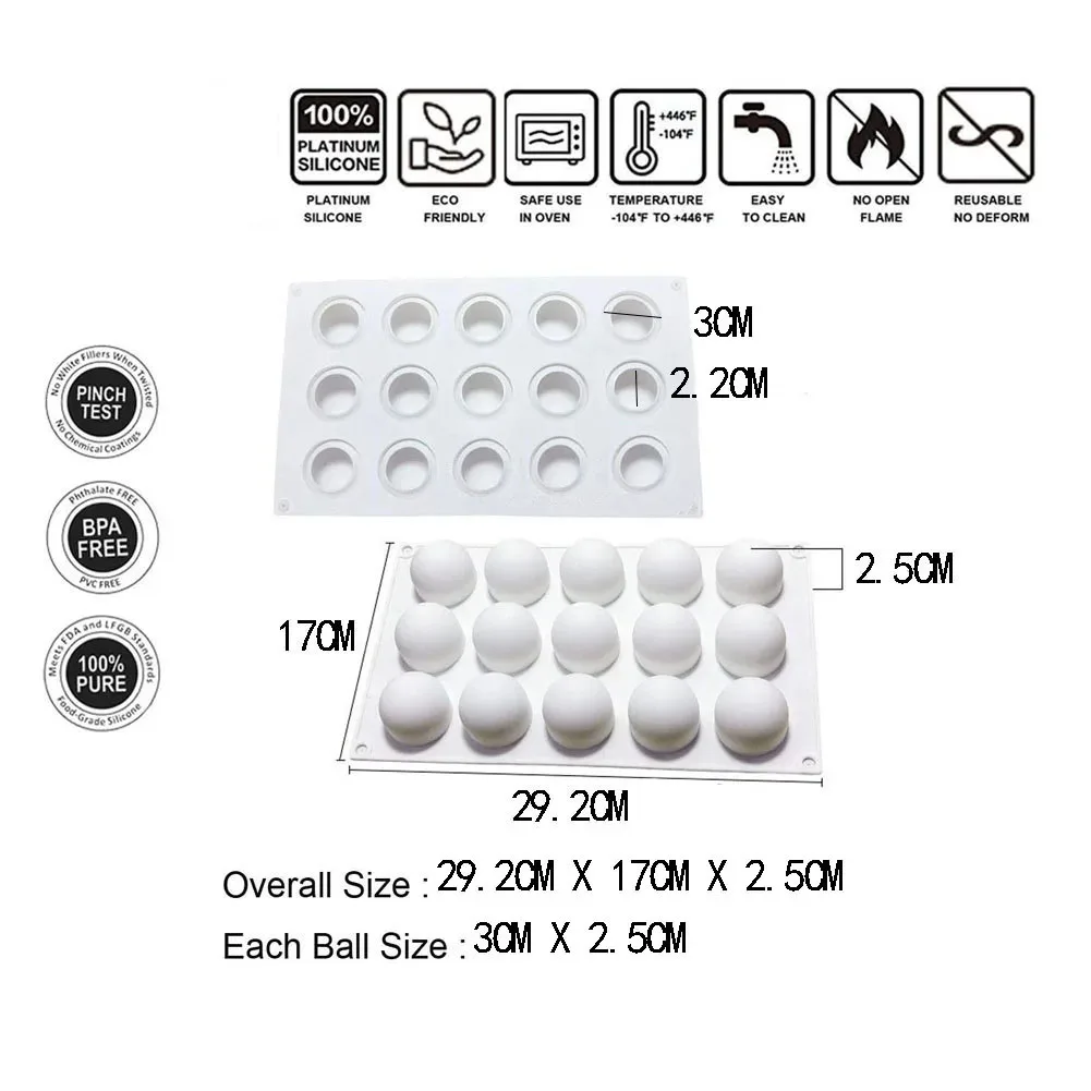 15-Cavity Silicone Mousse Cake Molds Hemisphere Mold Dessert Molds for Chocolate Candy Pastry Sphere Ball Baking Cake Decoration