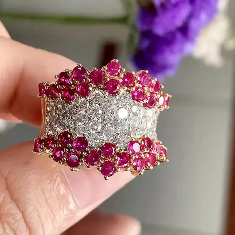 1 Stück Leuchtend Roséroter Zirkonia-Ring für Damen, Wunderschöner Hochzeits- und Party-Schmuck, Zweifarbiger Ästhetischer Ring