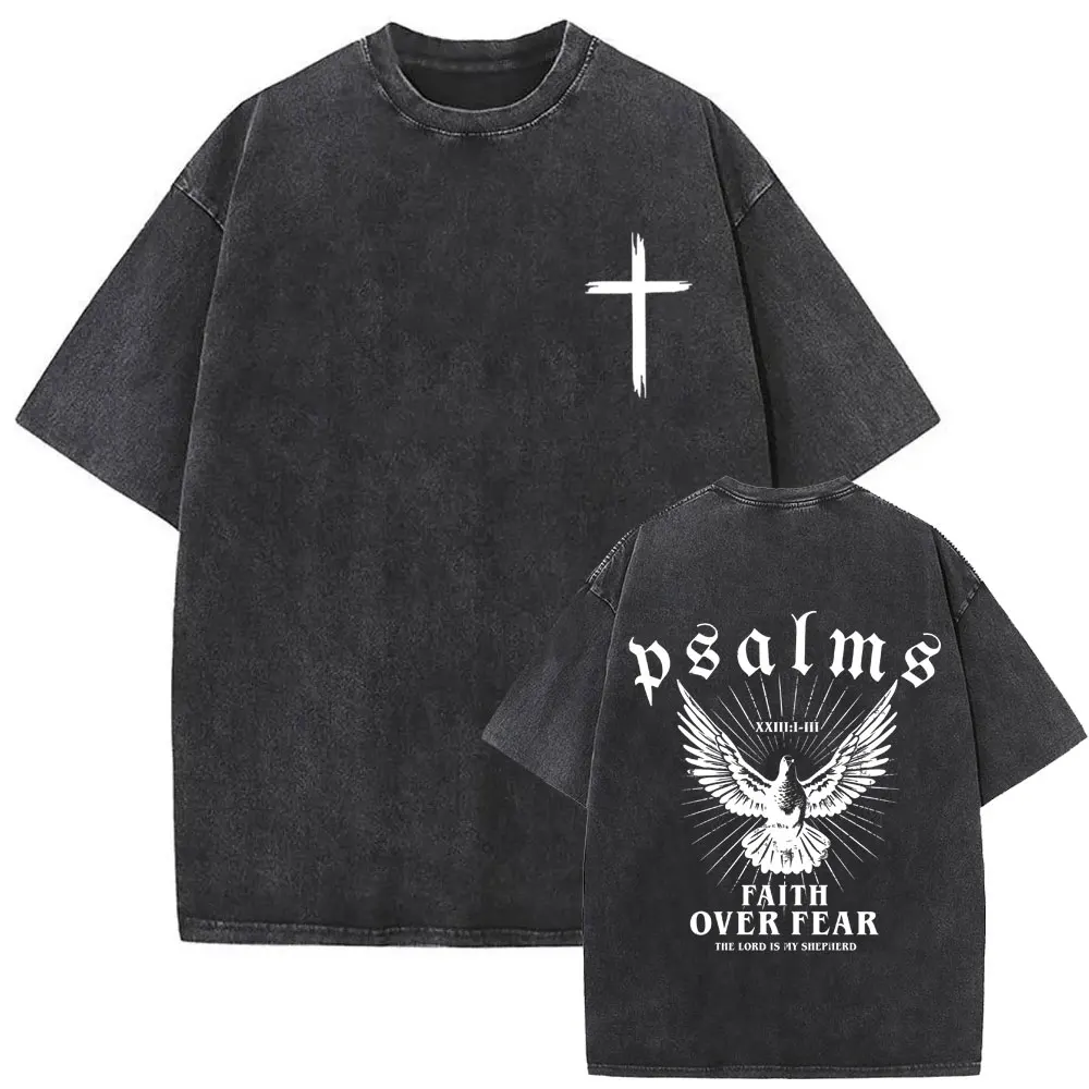 

Washed Vintage Aesthetic Jesus Faith Over Fear Christian Peace Dove Bible Verse Logo Print T-shirt Men Fashion Oversized T Shirt