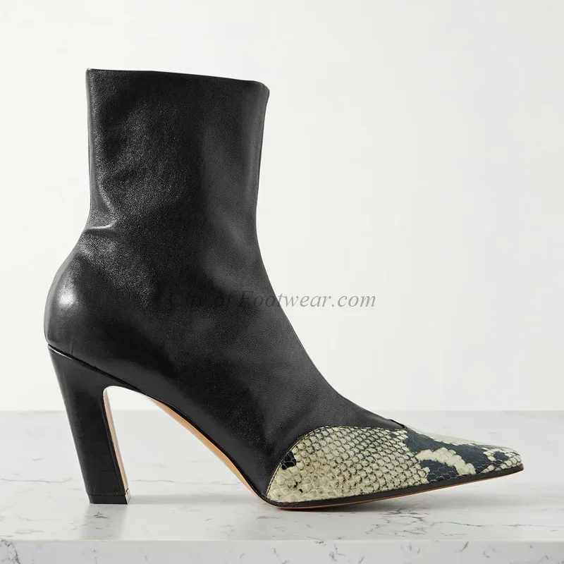 가죽 앵클 부츠 여성용 2025 가을 신상 부드러운 청키 힐 지퍼 블랙/화이트 뱀피 무늬 부티 큰 사이즈 명품 디자이너 신발