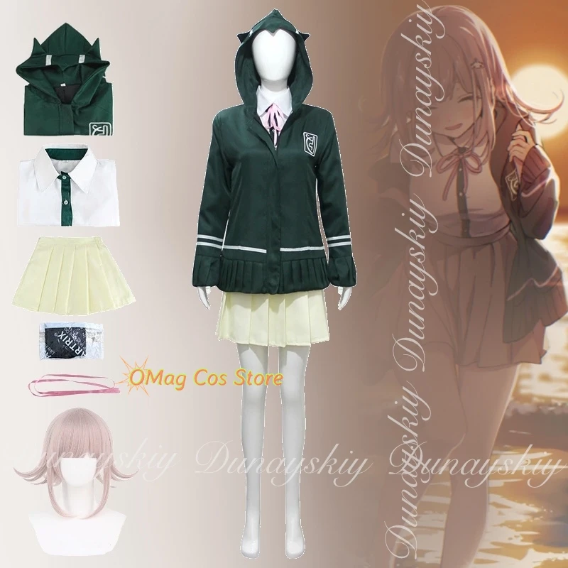 

Danganronpa II: Trigger Happy Havoc Аниме Нанами Чики Косплей с зеленой курткой Юбка с коротким париком Косплей Костюм Полный костюм