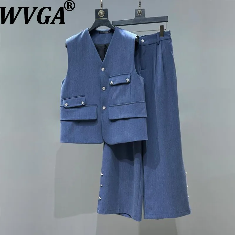 WVGA Spring Autumn New Men Tide V-neck Trendy Pocket Vest Niche Chic Casual Straight Suit Pants Two Pieces Set Streetwear W16793