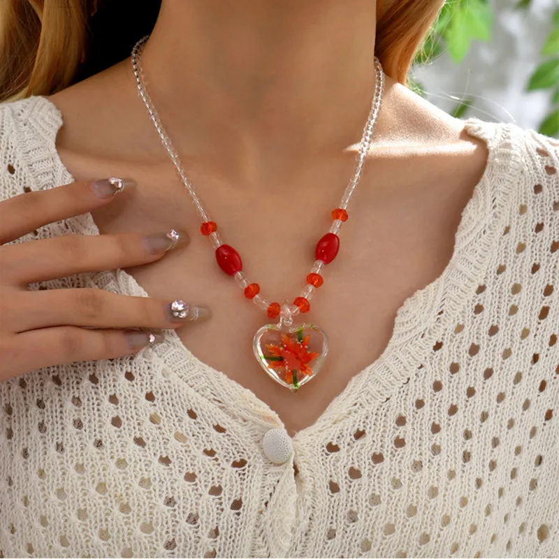 Kymyad Necklace for women Resin Heart Pendant Necklaces Jewelry Handmade Beads Chains Bohemia Style Necklaces