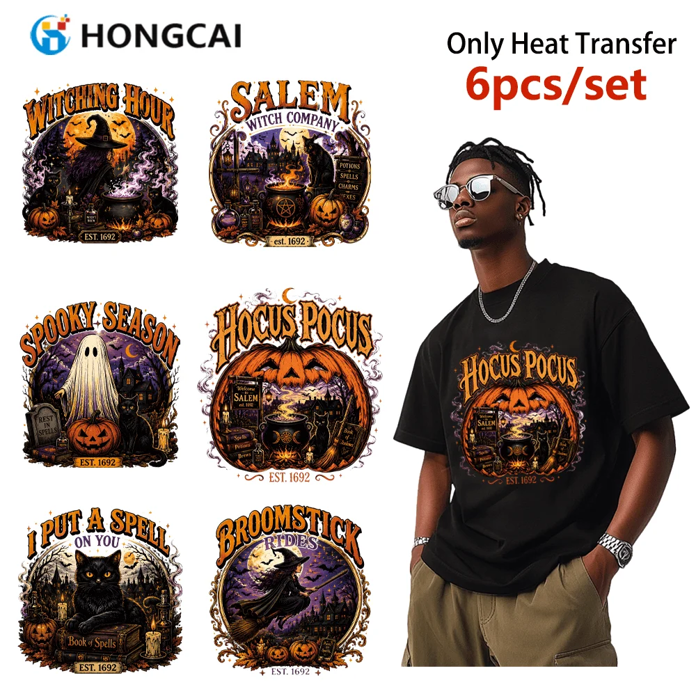 6Pcs American Retro Halloween HTV Iron-on Patches, Colorfast, Wash Resistant, DIY Holiday Decor for Clothes, Bags & Pillows