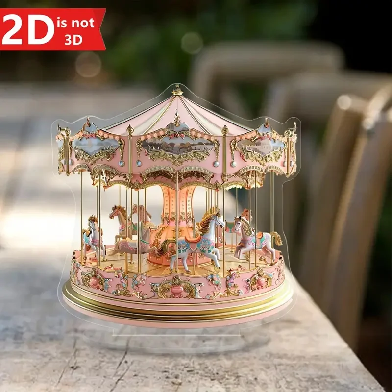 2D Flat 1pc Bohemian Style Acrylic Carousel Light Catcher, 2D Dreamy Pink and Golden Tabletop Decor, Versatile Home and Office