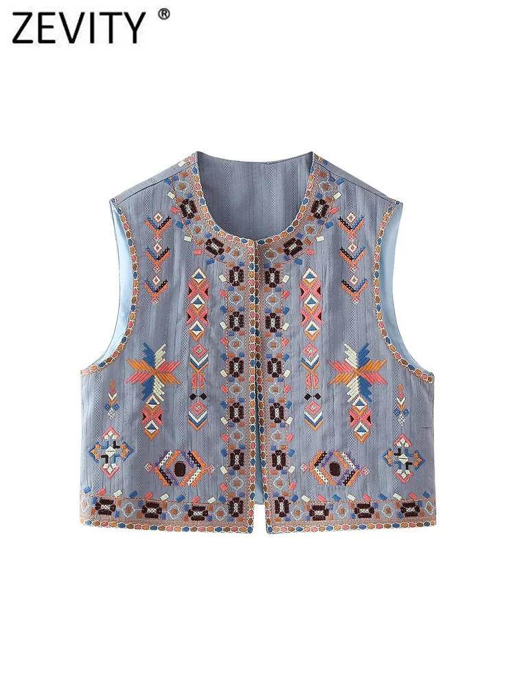 Zevity 2024 Women National Style Geometric Embroidery Open Stitch Short Vest Jacket Ladies Retro Cardigan WaistCoat Tops CT6294