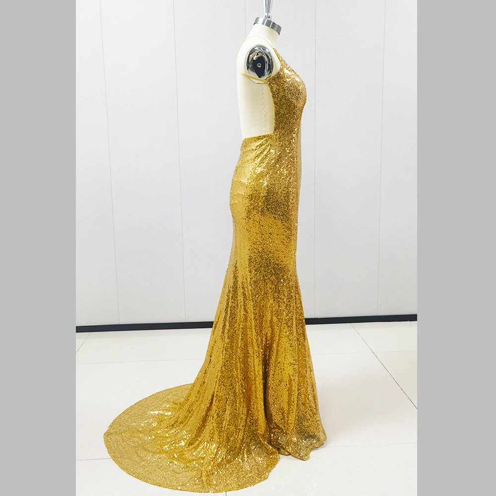 Gold Sequined Evening Dresses Chic V-Neck Sleeveless Mermaid Gowns Basic Fashion Sweep Train Wedding Party Prom Dresses 2024