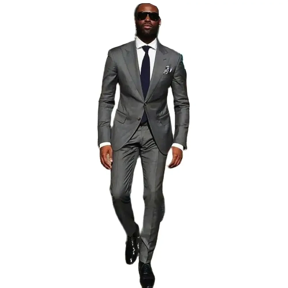 Ropa Mombre Grey Men\'s Suits Blazer Single Breasted Peaked Lapel Formal 2 Piece Jacket Pants Slim Fit Luxury Business Full Set