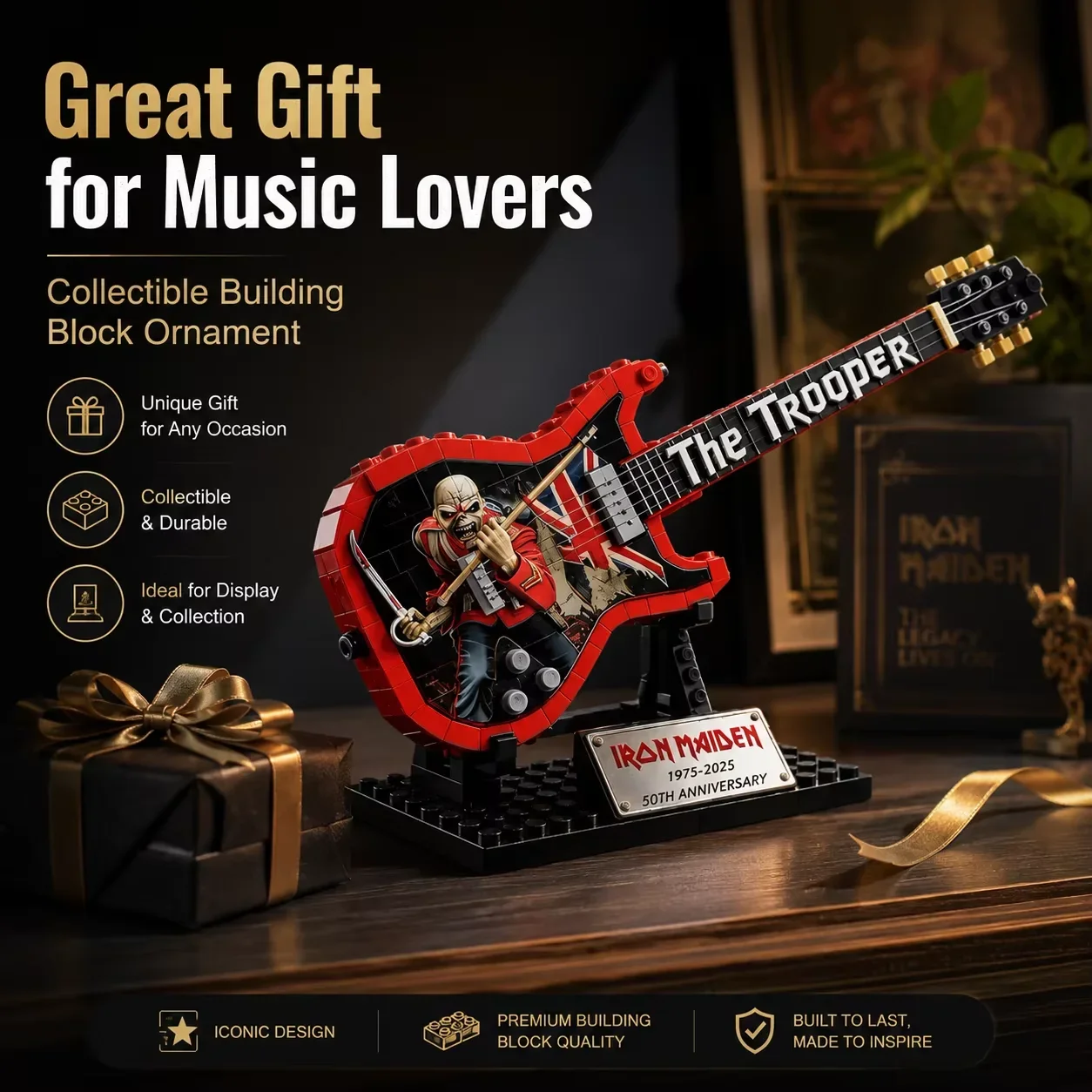 Iron Maiden The Trooper Guitar Building Block Display Ornament, 50th Anniversary Brick Model with Stand, Collectible - view 4