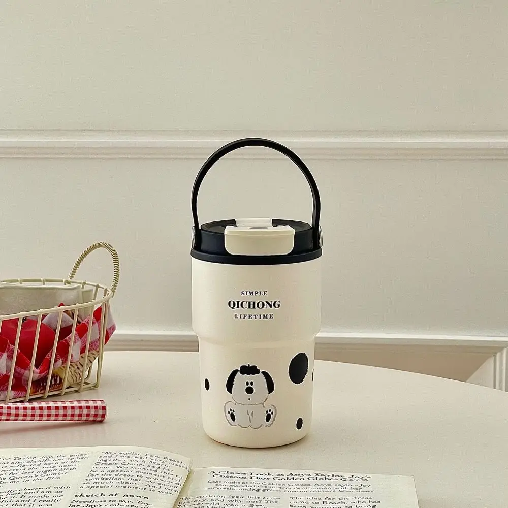 New Ceramic Liner Insulated Cup 450ML Handle Vacuum Mug Double drinking straw Water Bottle Gifts