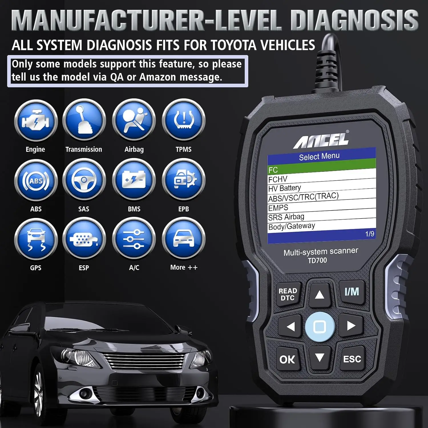 ANCEL TD700 OBD2 Scanner Car Diagnostic Scan Tool Toyota All System Code Reader Transmission Fluid Temperature TPMS Relearn ABS