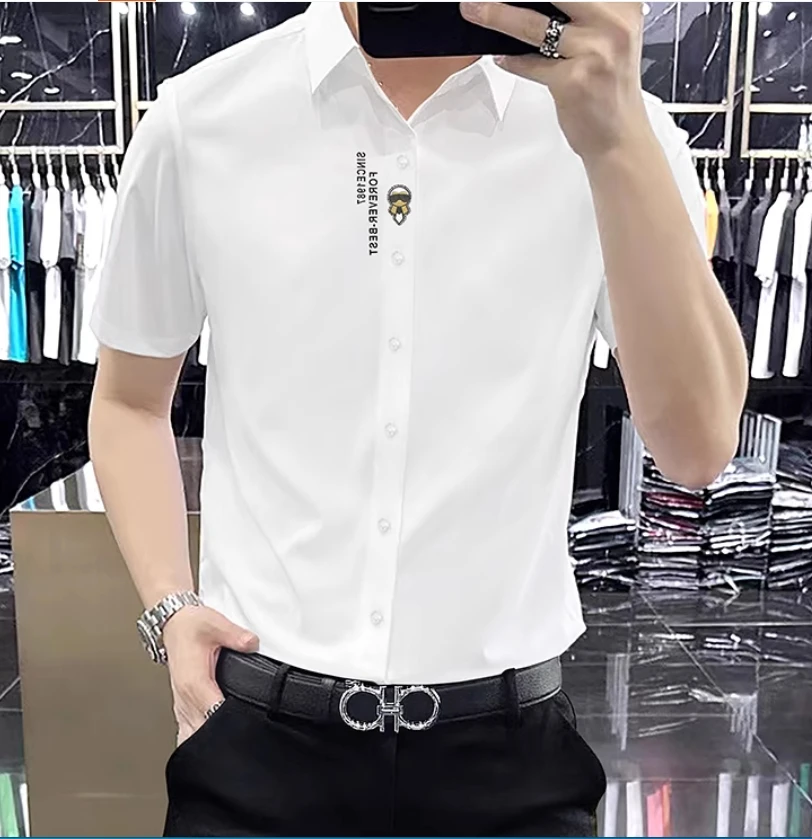 

High-end iron-free thin shirt, short-sleeved casual slim-fitting business rhinestone elastic ice silk shirt for men