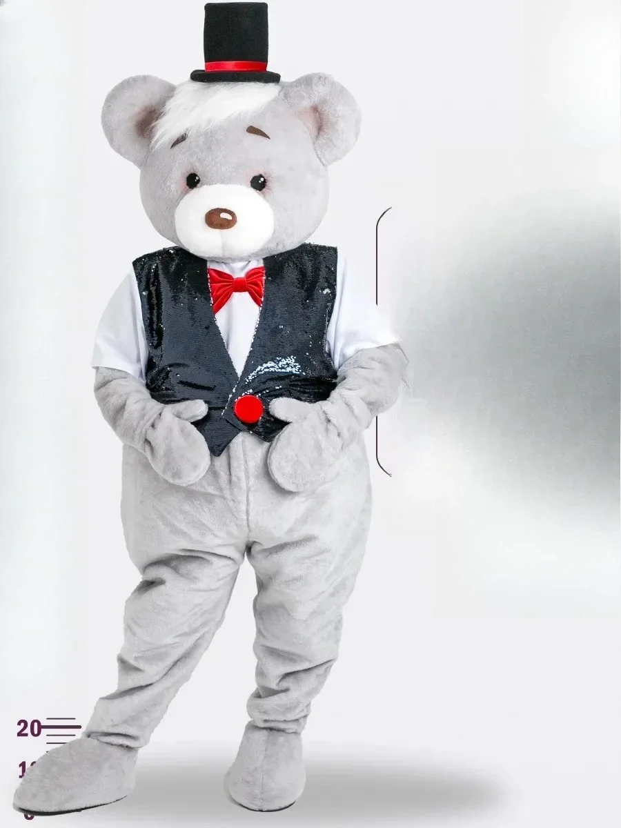 

Костюм талисмана серого медведя со шляпой, жилетом, мультяшной прогулочной куклы, маскировочная одежда для взрослых, Хэллоуин, Рождество, нарядные аксессуары для вечеринок