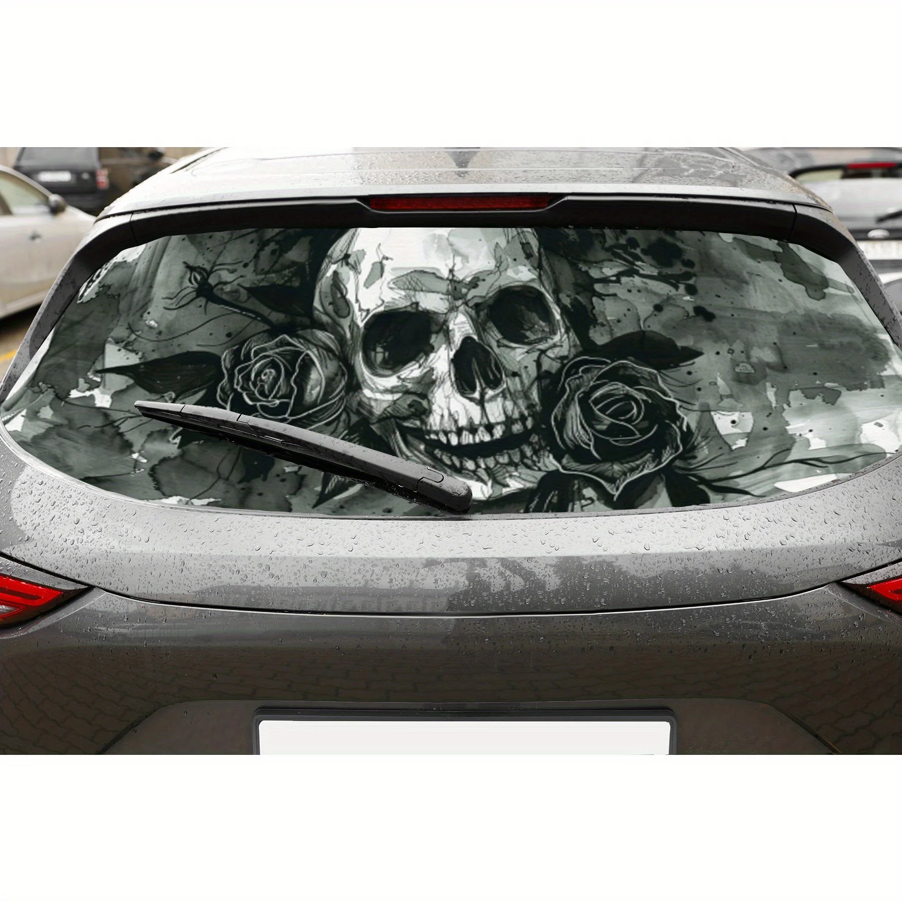 Roses Beside Ink Skull Car Rear Window Vinyl Wraps, Waterproof Self-adhesive Car Vinyl Wraps, Surface Protection, Personalized A