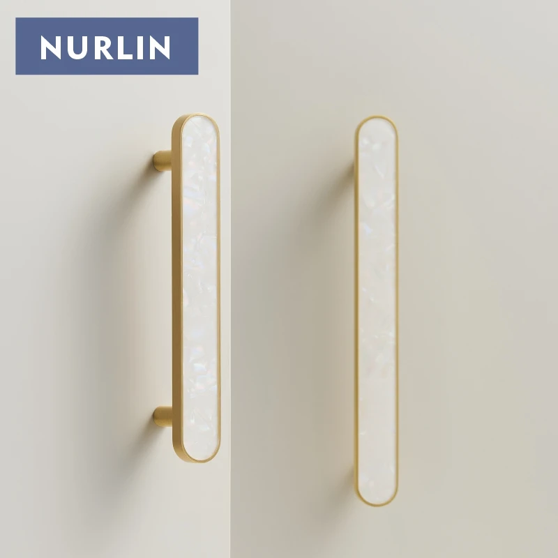 Nurlin Brass Colorful Round White Pink Shell Color Cabinet Wardrobe Furniture Knobs Long Series Handles