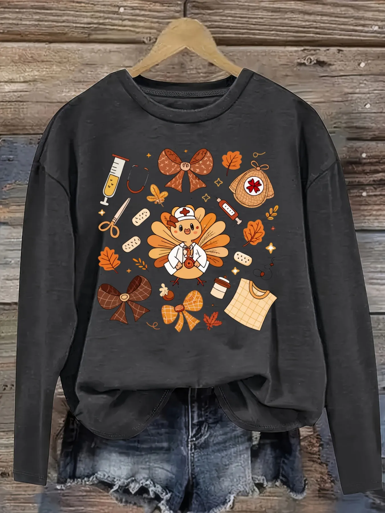 Women's Casual Long Sleeve Crew Neck T-Shirt Cute Turkey Nurse Autumn Pattern Design, Round Neck Women's Clothing, Machine Washable, Slightly Elastic, Loose Fit, Spring Autumn Winter Women's T-Shirt, Halloween Costume Outfit view 2