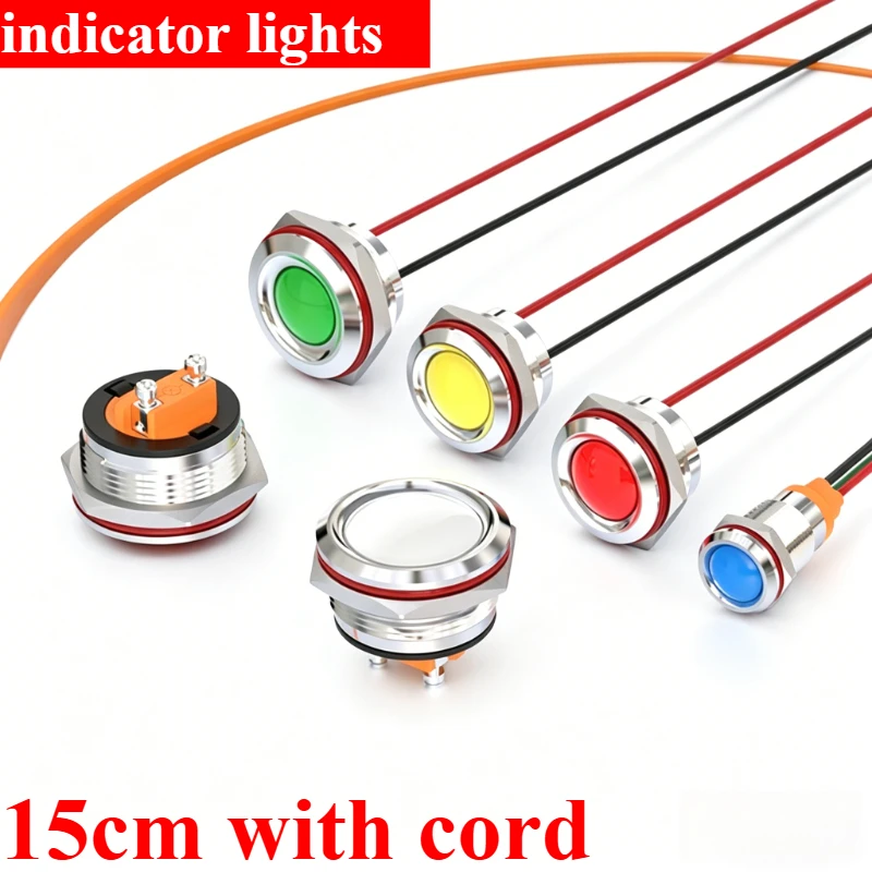 6-12mm LED with 15cm Wire Power Indicator Metal Indicator 9-24V/220V Display Light Signal Light High Brightness Screw Switch