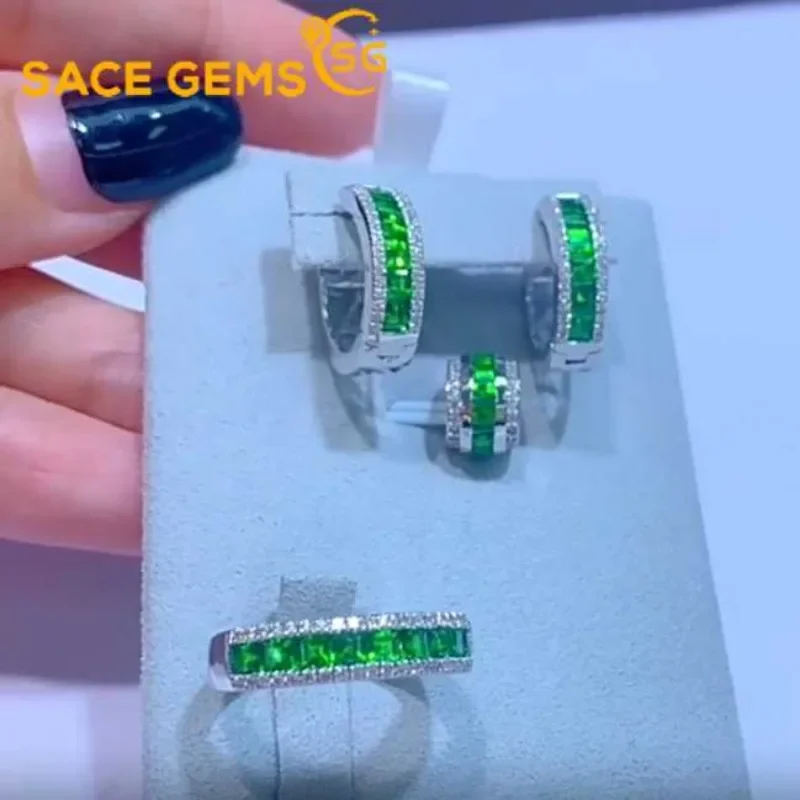 SACE GEMS Luxury 100% 925 Sterling Silver 2.5MM Natural Diopside Rings Ear Clip Pendant Wedding Engagement Fine Jewelry Set Gift