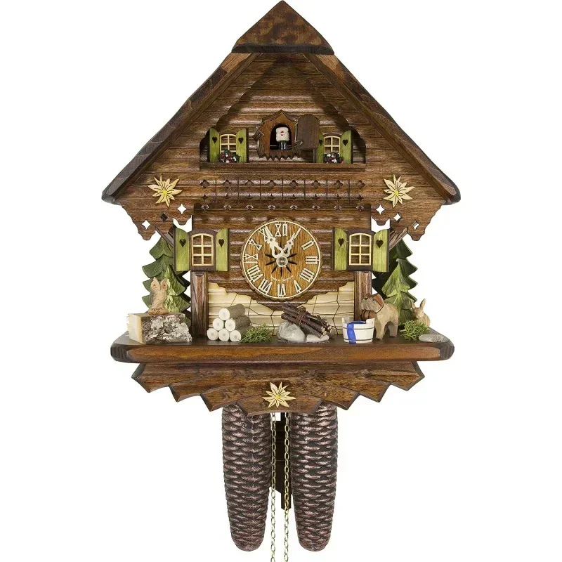 German Clock - Summer Meadow Chalet with 8-Day-Movement - 13 1/3 inches Height - Black Forest Clock