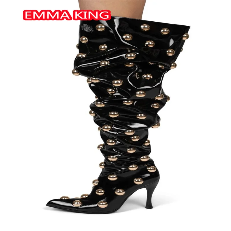 New Fashion Revits Knee High Boots Women 2024 Black Patent Leather Pointed Toe Nails Slip On Winter Boots Female Party Runway 44