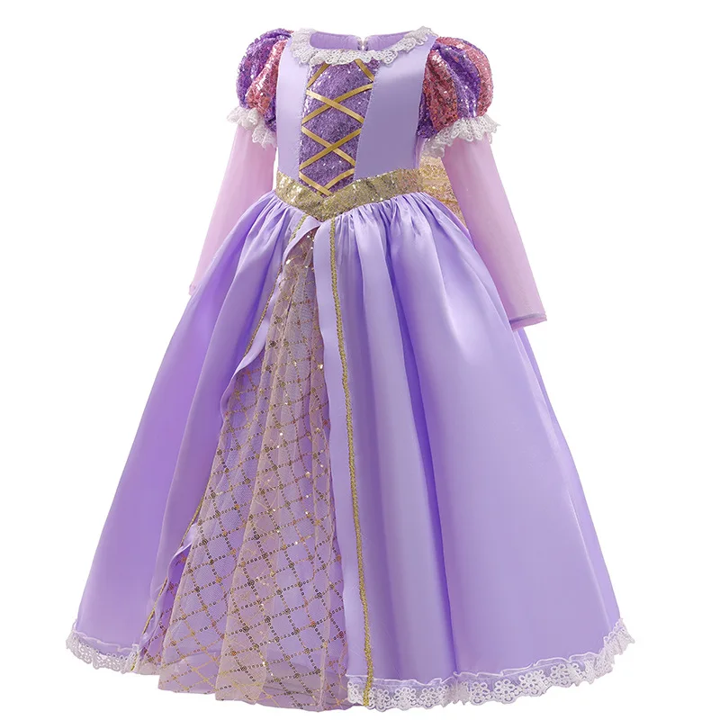 Meisje Rapunzel Prinsessenjurk Voor Kinderen Halloween Cosplay Tangled Kostuum Verjaardagsfeestje Geschenken Paarse Pailletten Mesh Strik Kleding