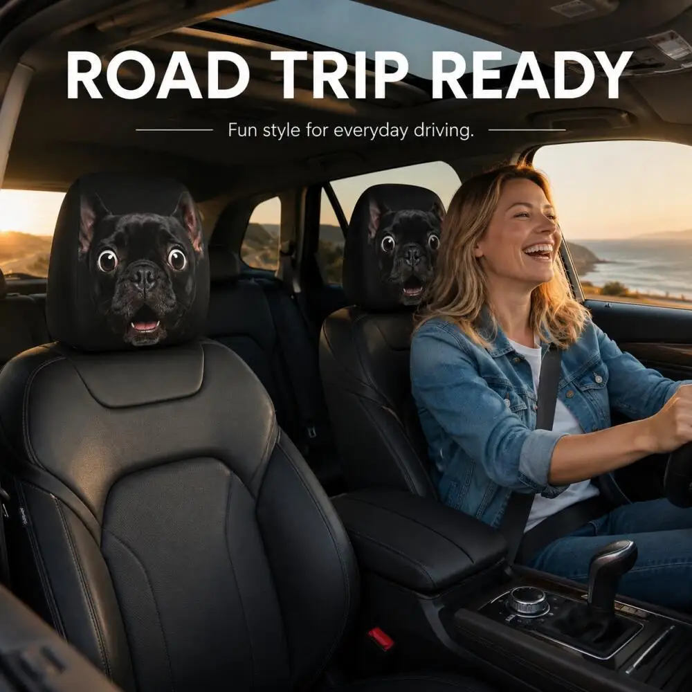 1pc Funny Black French Bulldog Car Headrest Cover, 2D Printed, Elastic Universal Fit