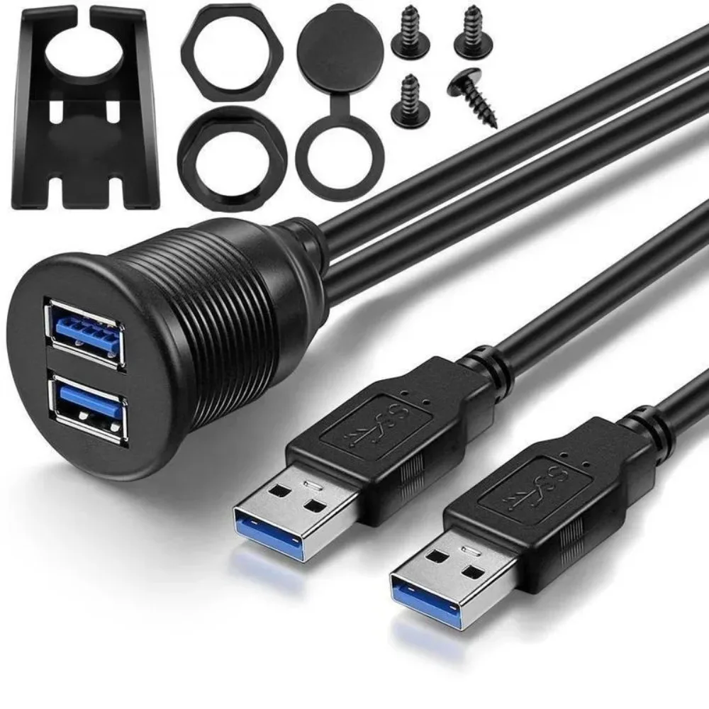 Dual USB 3.0 Male to Female Waterproof Extension Cable Flush Mount Dash Panel USB Cable for Car Truck Boat Motorcycle 1M 2m