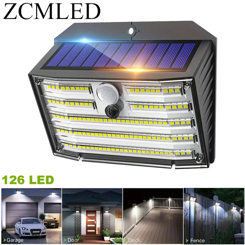 126 LED Outdoor Solar Lights Wireless Motion Sensor Lights IP65 Waterproof 3 Modes Security Wall Lights for Patio Fence Garage