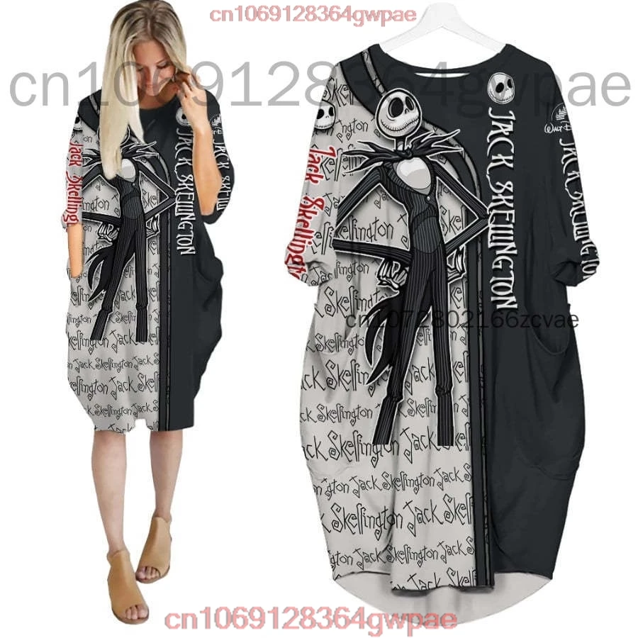 Jack Skellington Oversize Long Sleeves Dress Disney Cartoon Batwing Pocket Dress Women\'s Fashion Versatile Loose Party Dress