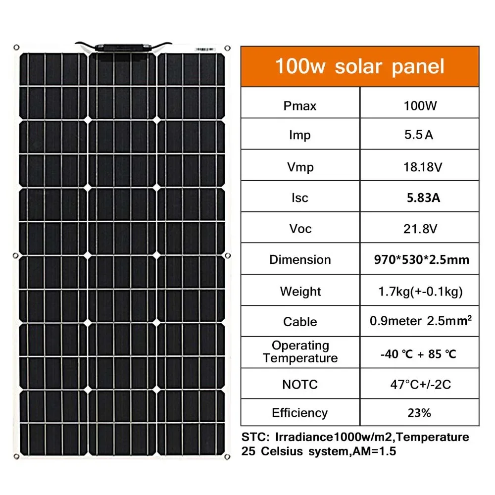 100W Flexible Monocrystalline Solar Panel Waterproof for Car Boat Home 12V Battery Charger