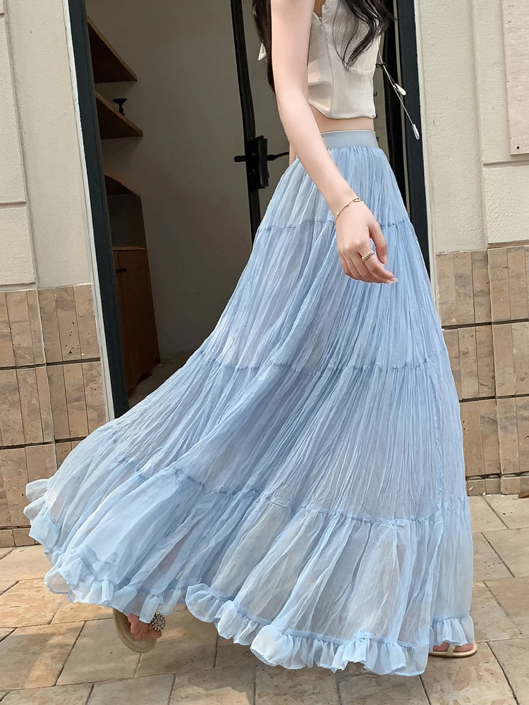 Vrouwen 2025 zomer nieuwe hoge taille effen kleur A-lijn lange patchwork rokken Franse stijl mesh elegante afslankrok