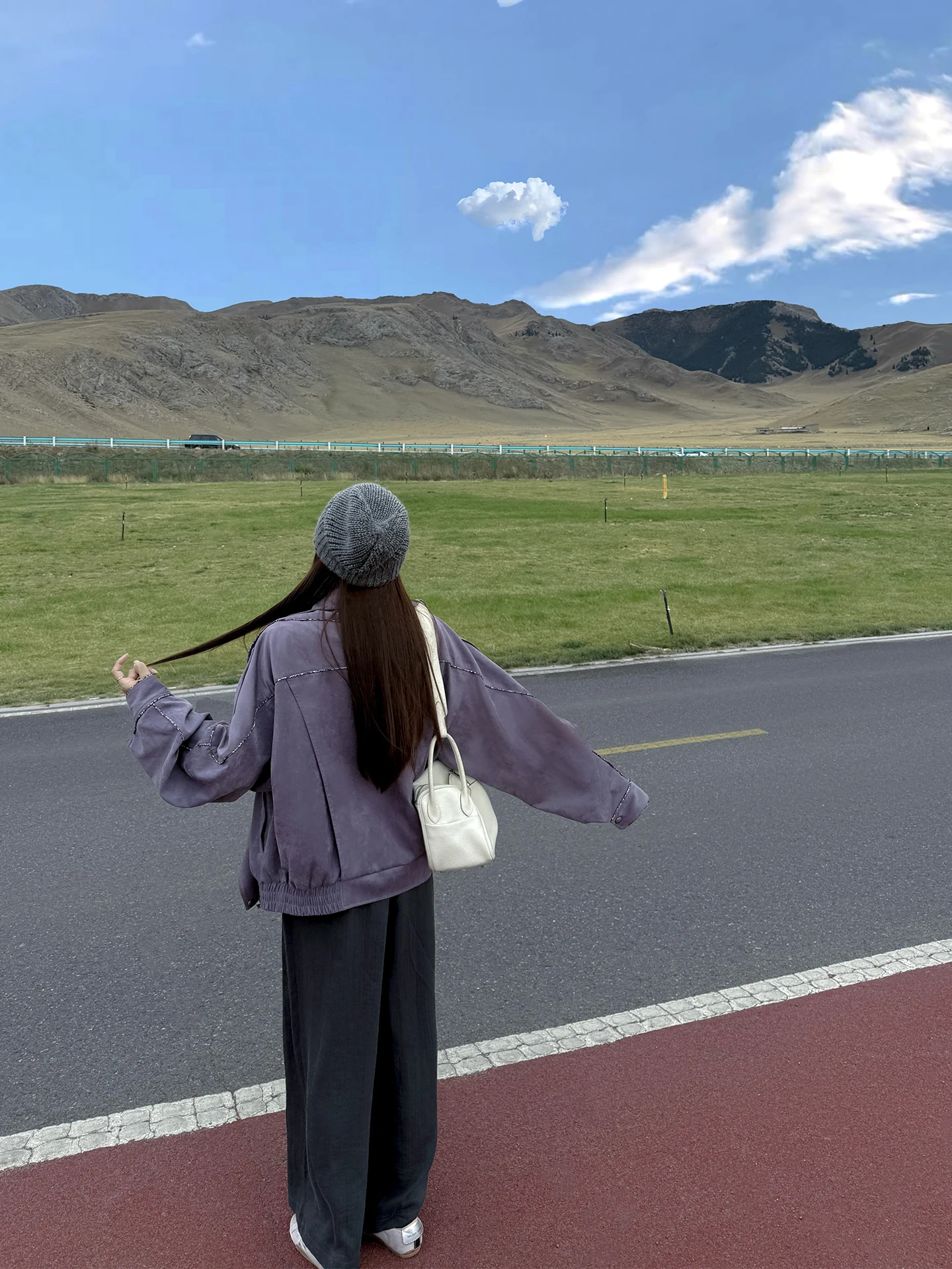 Zhang ei パープル油絵スエードジャケットハードアンドソフトグレーパープルスプライシングレディースショートアウターウェア通勤スタイル