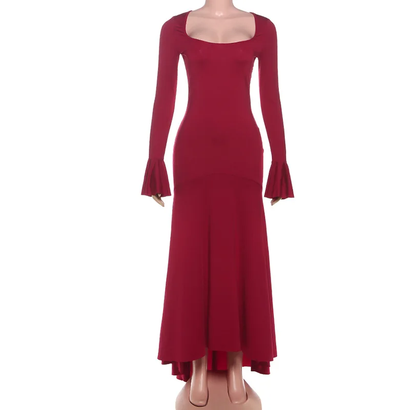 여성 우아한 솔리드 머메이드 맥시 드레스 스퀘어 넥 플레어 풀 슬리브 슬림 바디콘 연회 파티 롱 로브 캐주얼 스트리트웨어