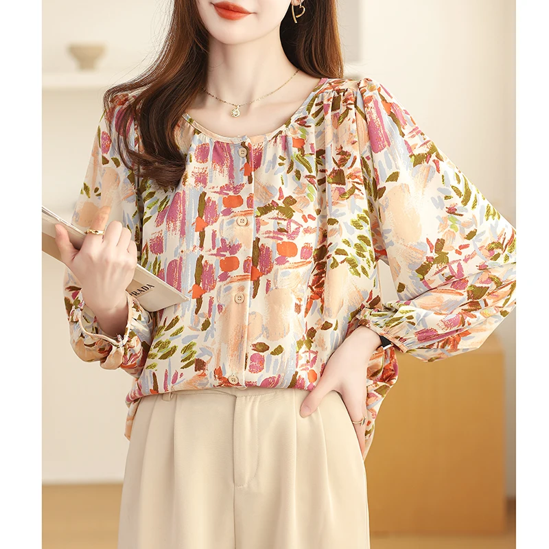 Women Spring Fashion Loose Sweet Elegant Floral O-neck Long Sleeve Shirts Women Clothes Casual All-match Appear Thin Trend Tops