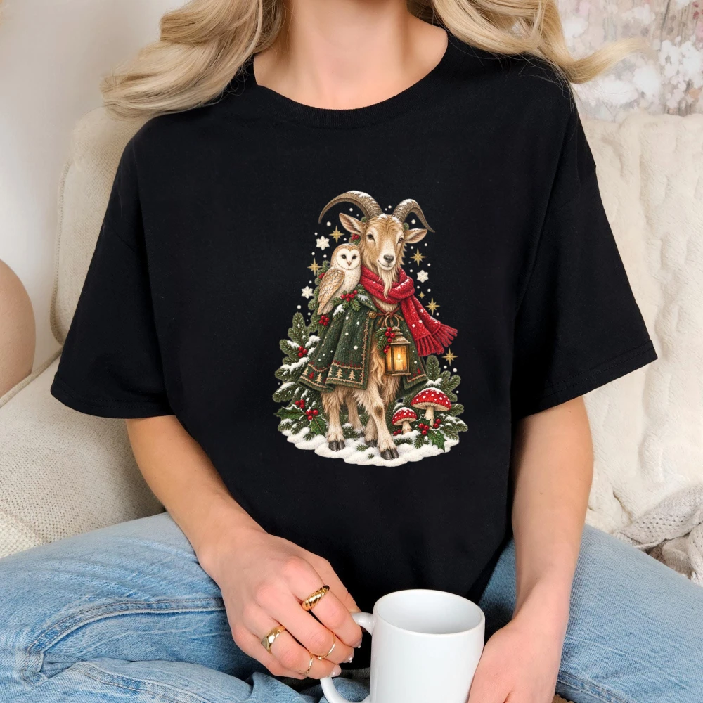 Yule Goat Tshirt Vintage Scandinavian Christmas Crewneck Tees Nordic Folk Art Goat Graphic Tops Winter Woodland Cotton T Shirt