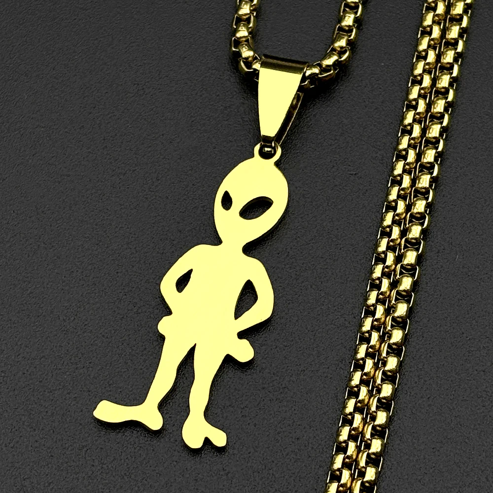 Lustige Alien-Anhänger-Halskette für Damen und Herren, Edelstahl, silberfarben, Goth-Streetwear, Rapper-Schmuck, Ketten-Accessoire – Detail 6