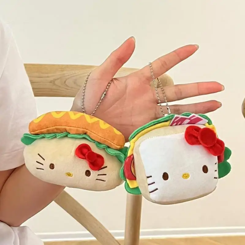 Kawaii Sanrio Hello Kitty น่ารักการ์ตูนของเล่นตุ๊กตากระเป๋าเป้สะพายหลังจี้ Hot Dog Toast พวงกุญแจเด็กหญิงตกแต่งของขวัญวันเกิด