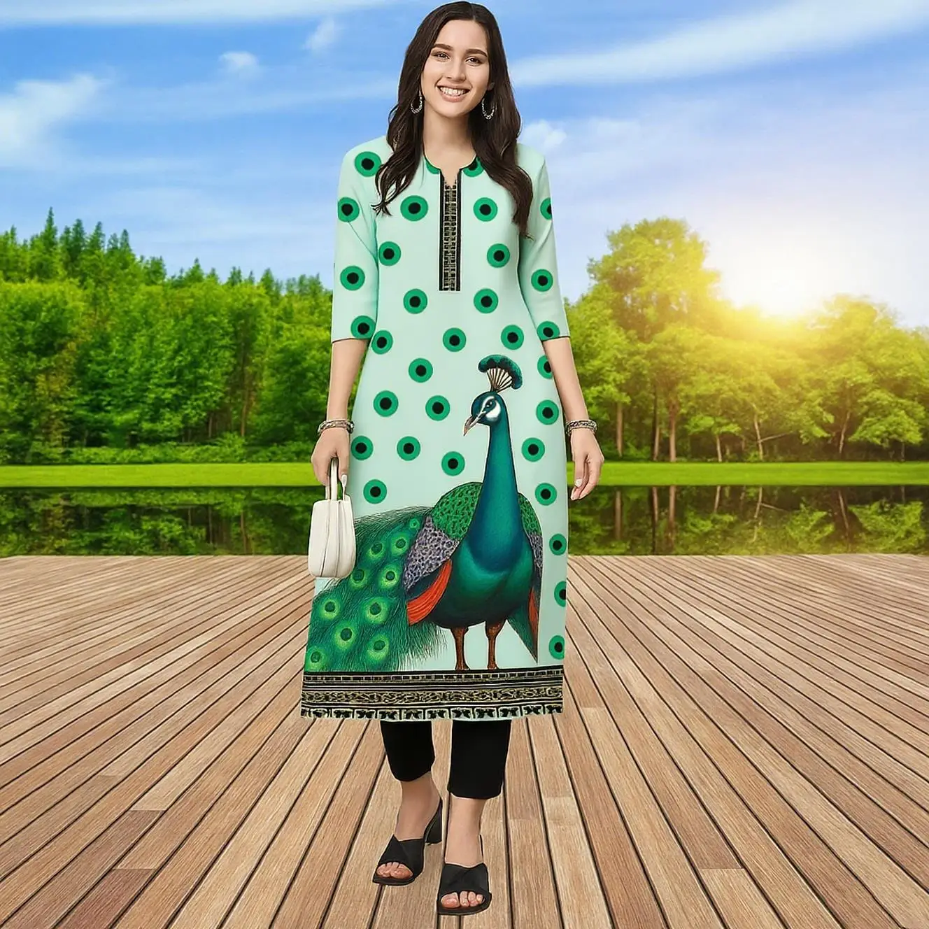 مسلم كورت المرأة عارضة أزياء اللباس الطاووس أنبوب مستقيم عارضة العرقية الطاووس النمط الوطني Islamische Kleidung Frauen