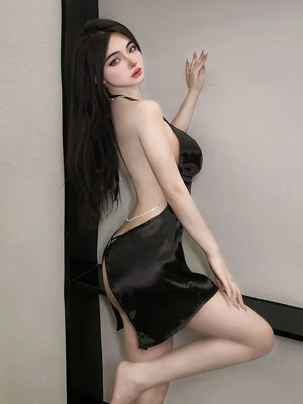 Colletto in pile Nero Backless Catena di cristallo Mini abito Discoteca sexy Nuova biancheria intima Ragazza Abito Elegante Hot Sexy Donne coreane 7RNS