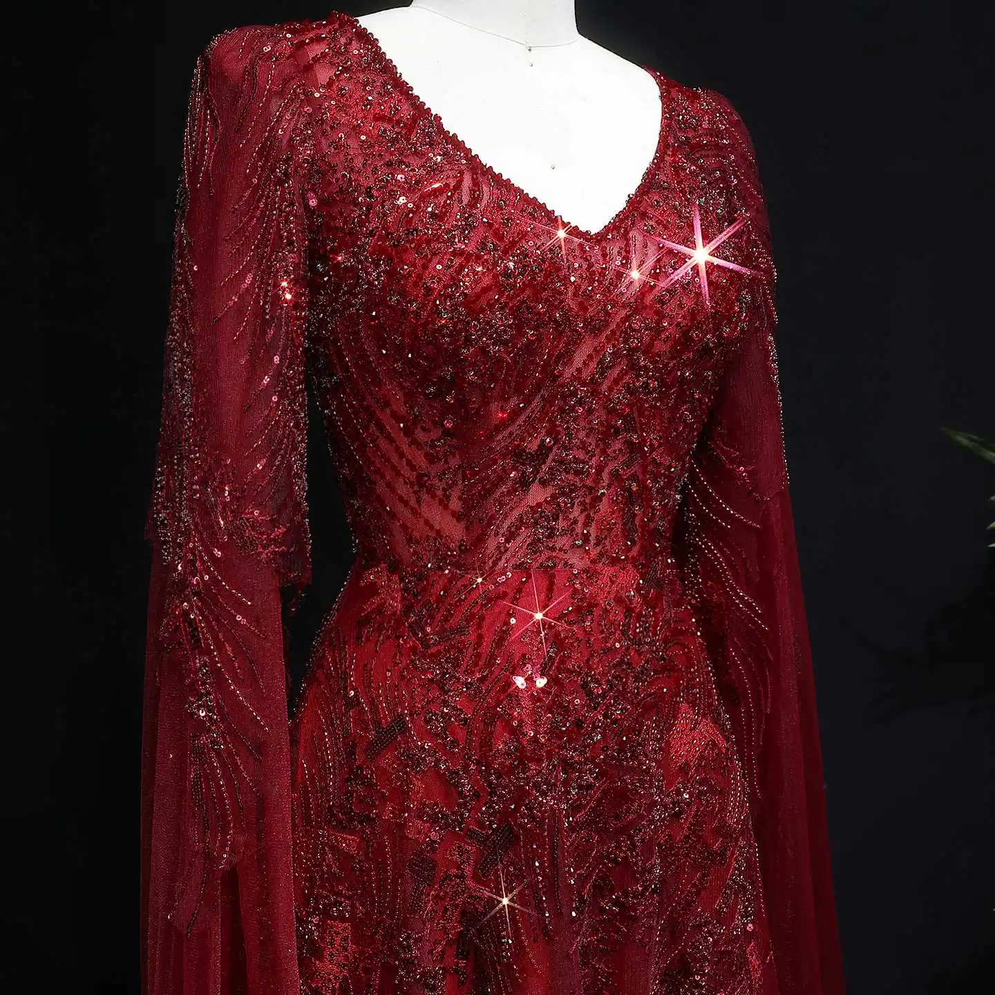 Sharon Said Luxuriöse Dubai Weinrote Abendkleider mit Cape-Ärmeln, Lang, für Damen, Hochzeit, Party, Ballkleid 2026 SS093 Maßanfertigung – Detail 9