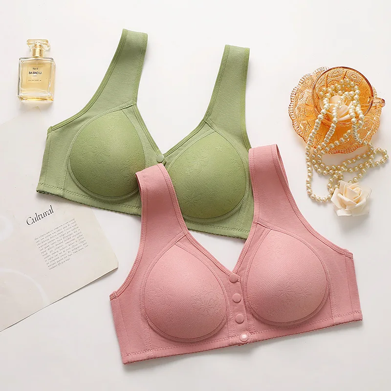 FINETOO Breathable Front Closure Button Bras Women Full Cup Floral Underwear for Middle-aged and Elderly Wireless Tops Bralette