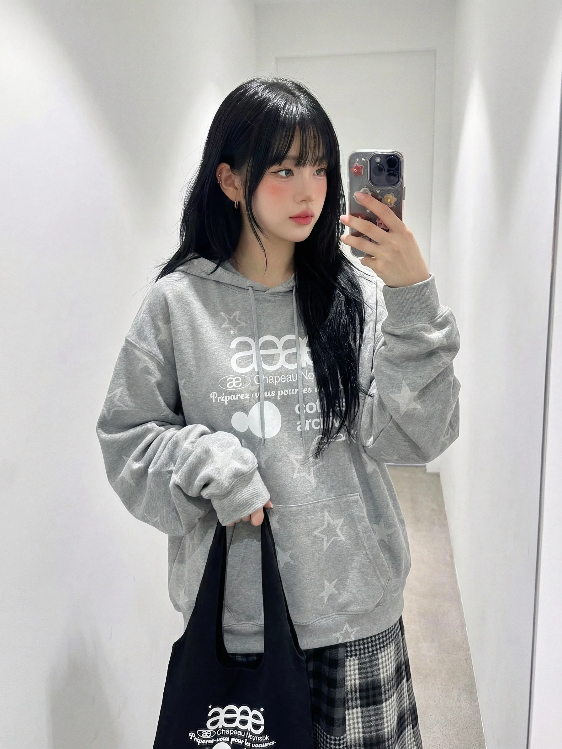 

Худи REOY в стиле Lazy Style с завязками, светло-серый, с принтом звезд, повседневный, свободный крой, женский, хлопковый, с круглым вырезом, с длинными рукавами