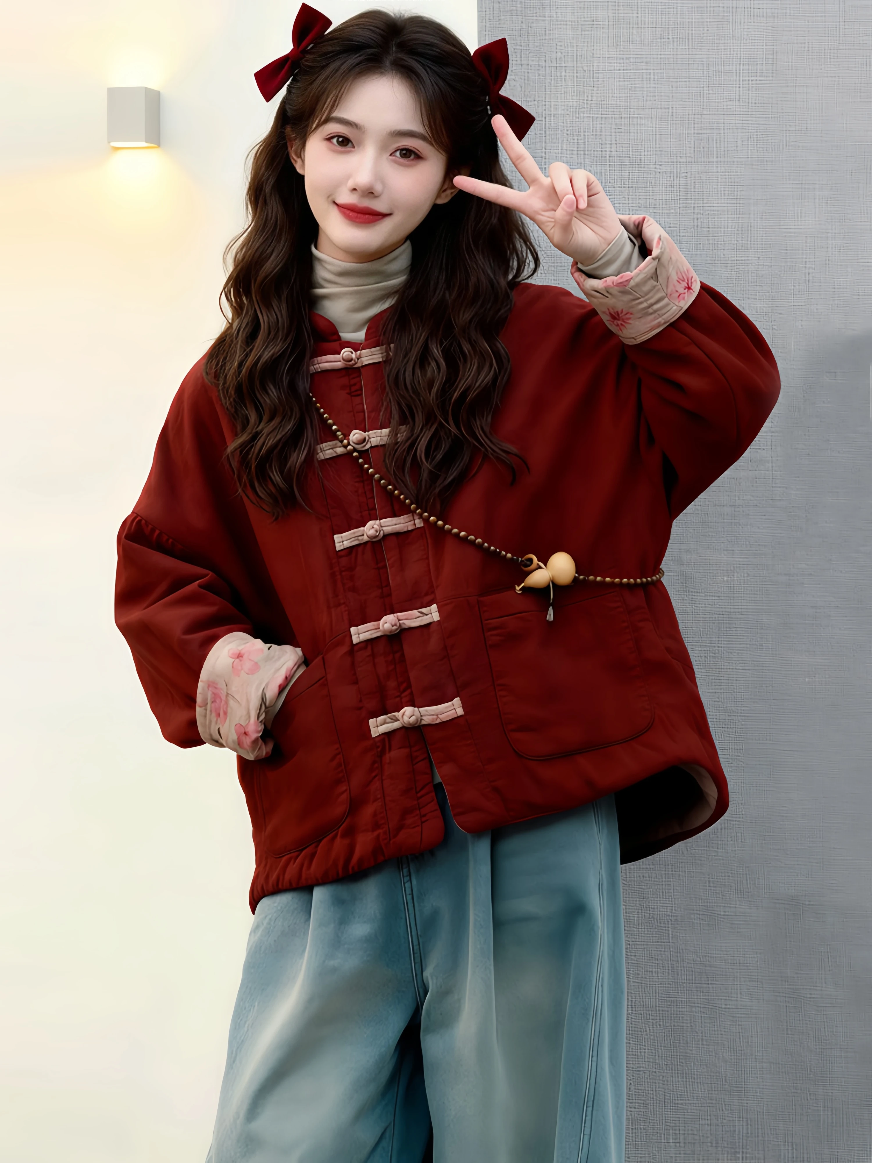 Red Double-Sided Cotton Jacket Women's Stylish Retro Print Cotton Linen Coat Breathable Long Sleeve Home Wear with Buttons